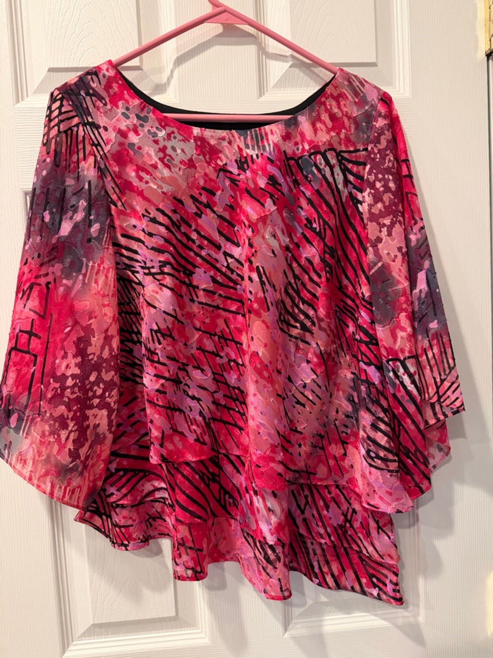 Alex Evenings Dressy Pink and Black Tiered Blouse Size L